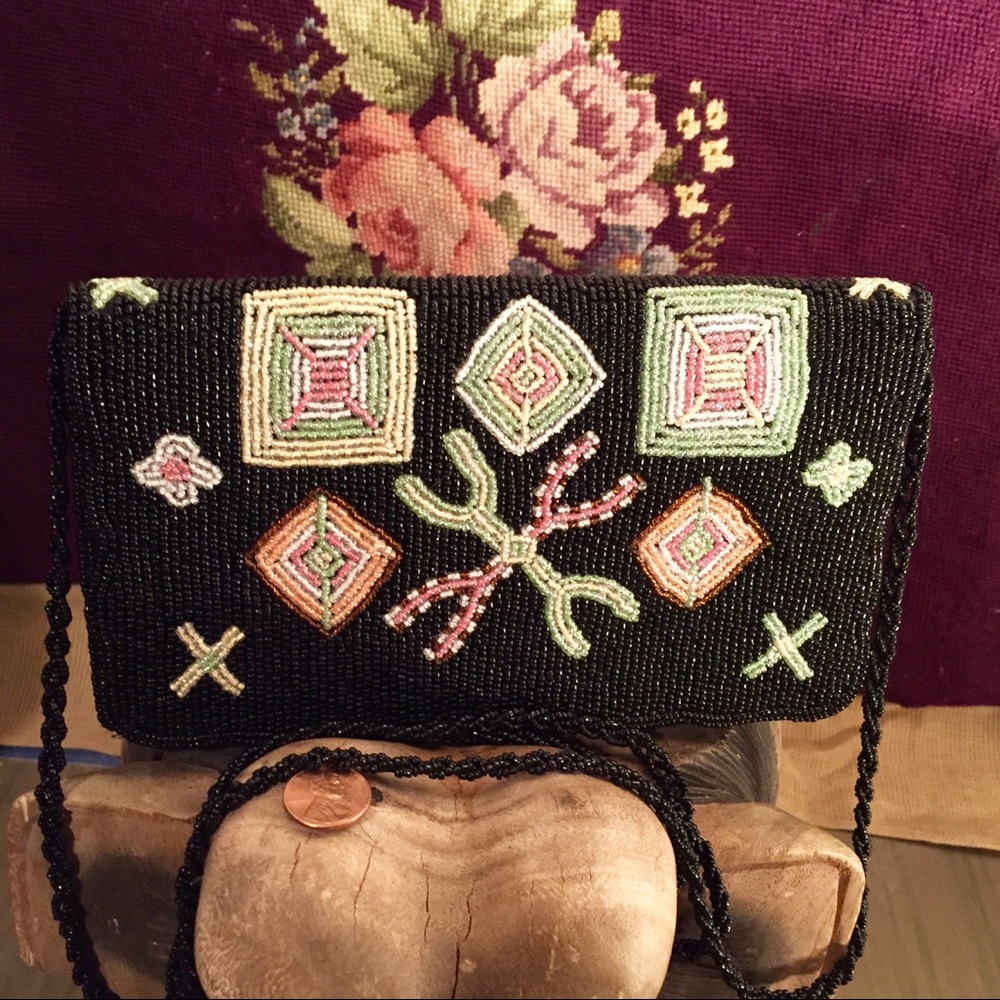 Vintage Black Beaded Handbag with BoHo Pattern
